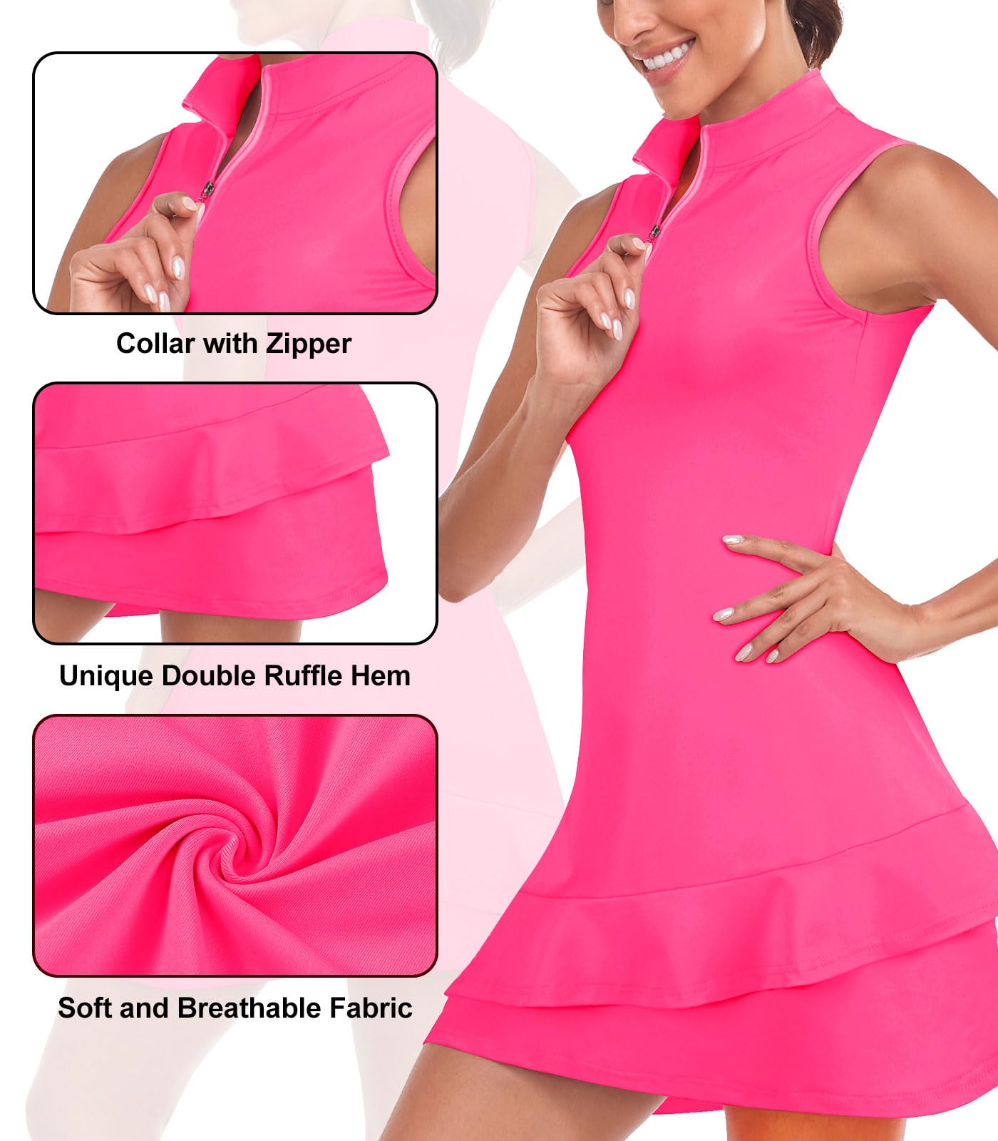 Viracy Tennis- und Golfkleid für Damen, ärmellos, mit Innenshorts, Taschen, Rüschen und Stehkragen mit Reißverschluss.