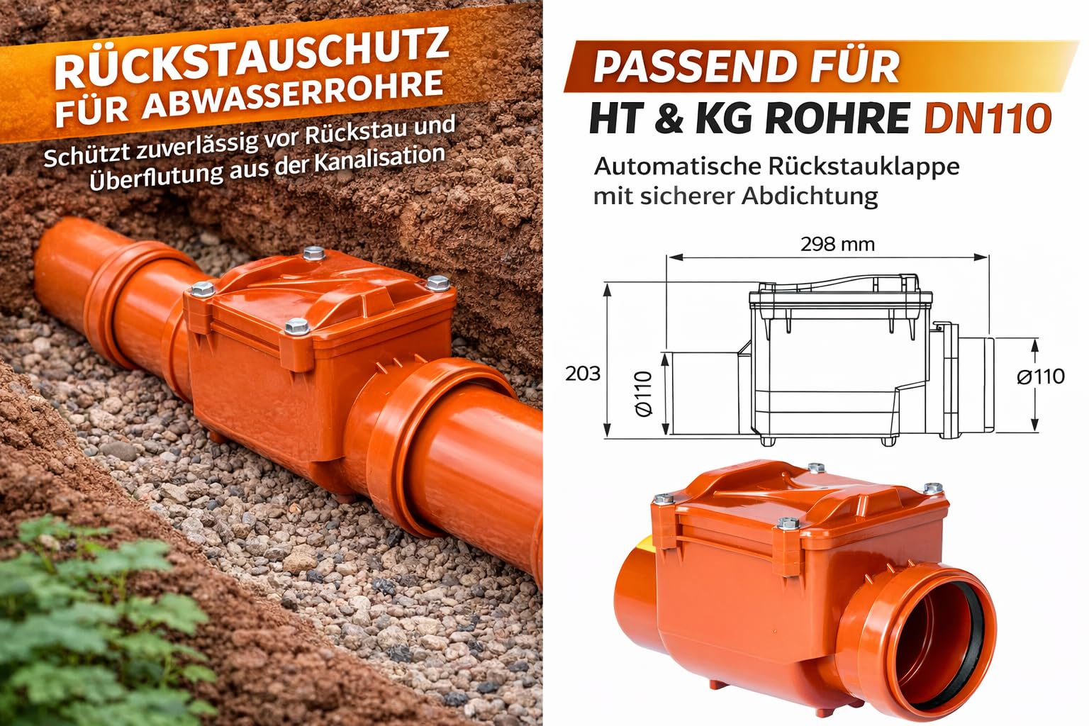 UZMAN Rückstauverschluss DN110 – Rückstauklappe mit Rattenschutz, Rückstausperre für Abwasser- und Rohrsysteme, automatische Rückfluss-Sicherung