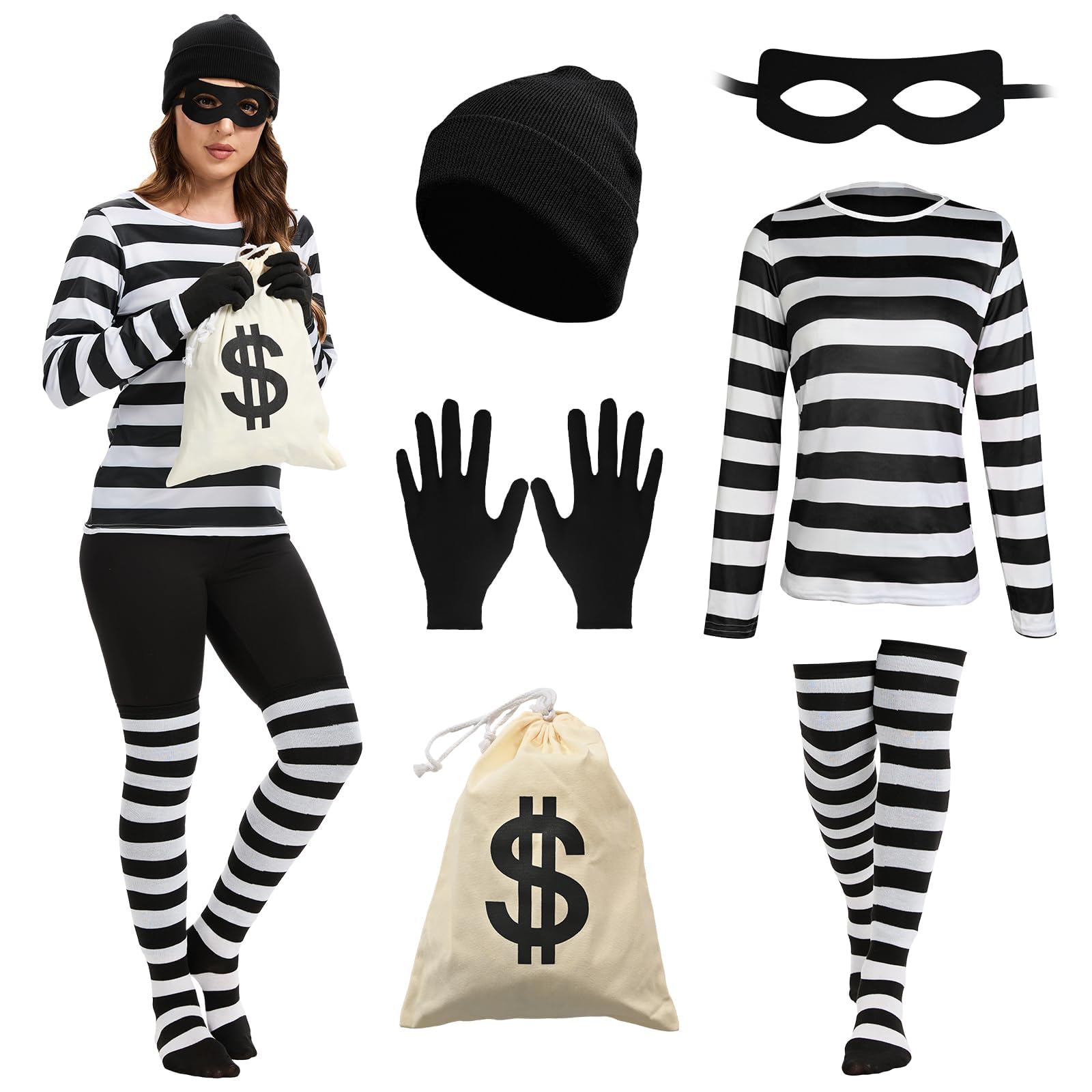 AKFJDLAD Bank Robber Costume Women Set Thief Cosplay T-Shirt Burglar Fancy Dress Costume for Adults Cosplay Halloween Carnival (2XL)