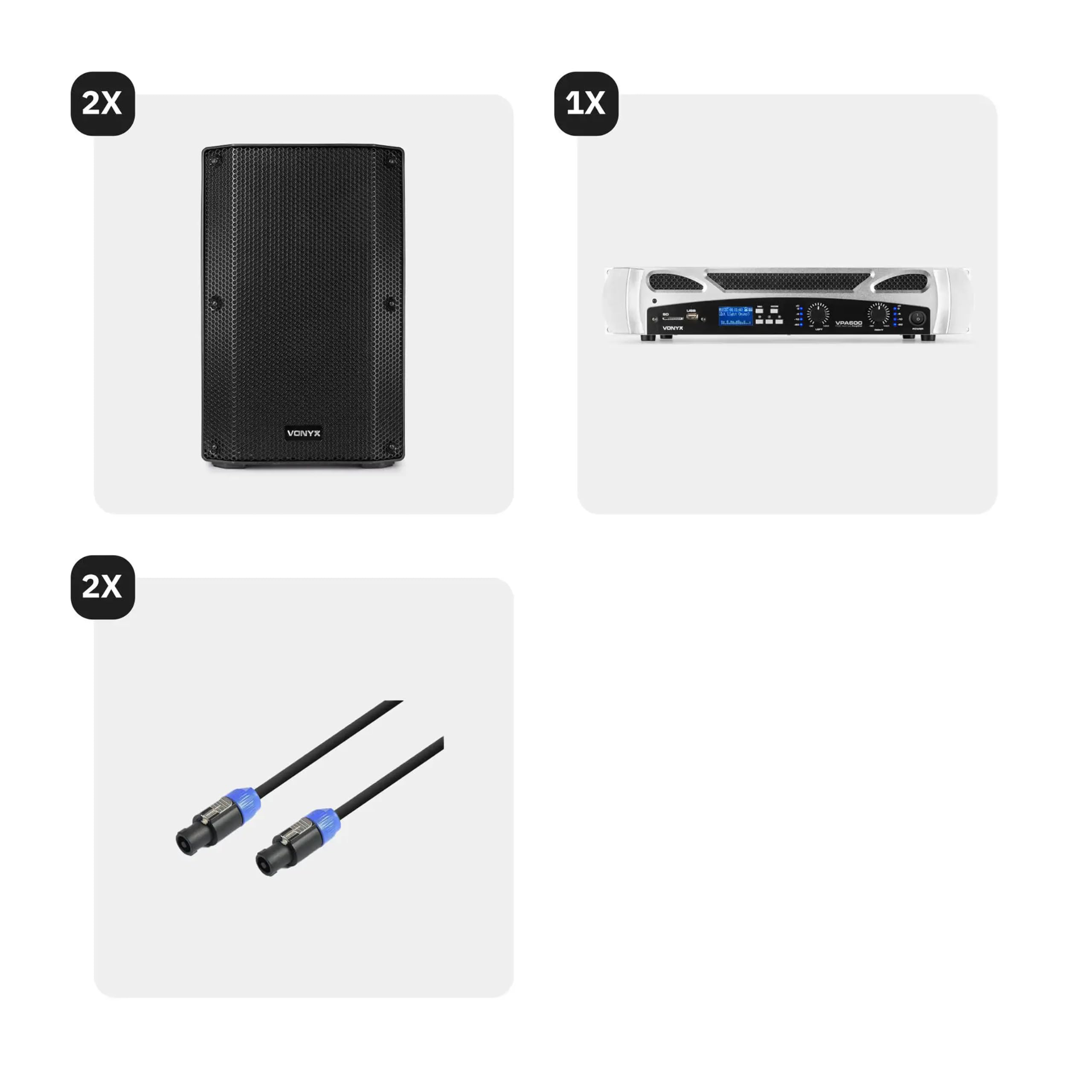 Vonyx VSA10P Pack PA Pasivo - 2 Altavoces 10 Pulgadas, Amplificador VPA600 Bluetooth 2x300W, 2 Cables Speakon NL2 5 m, Equipo Sonido para DJ, Eventos y sonorización Profesional