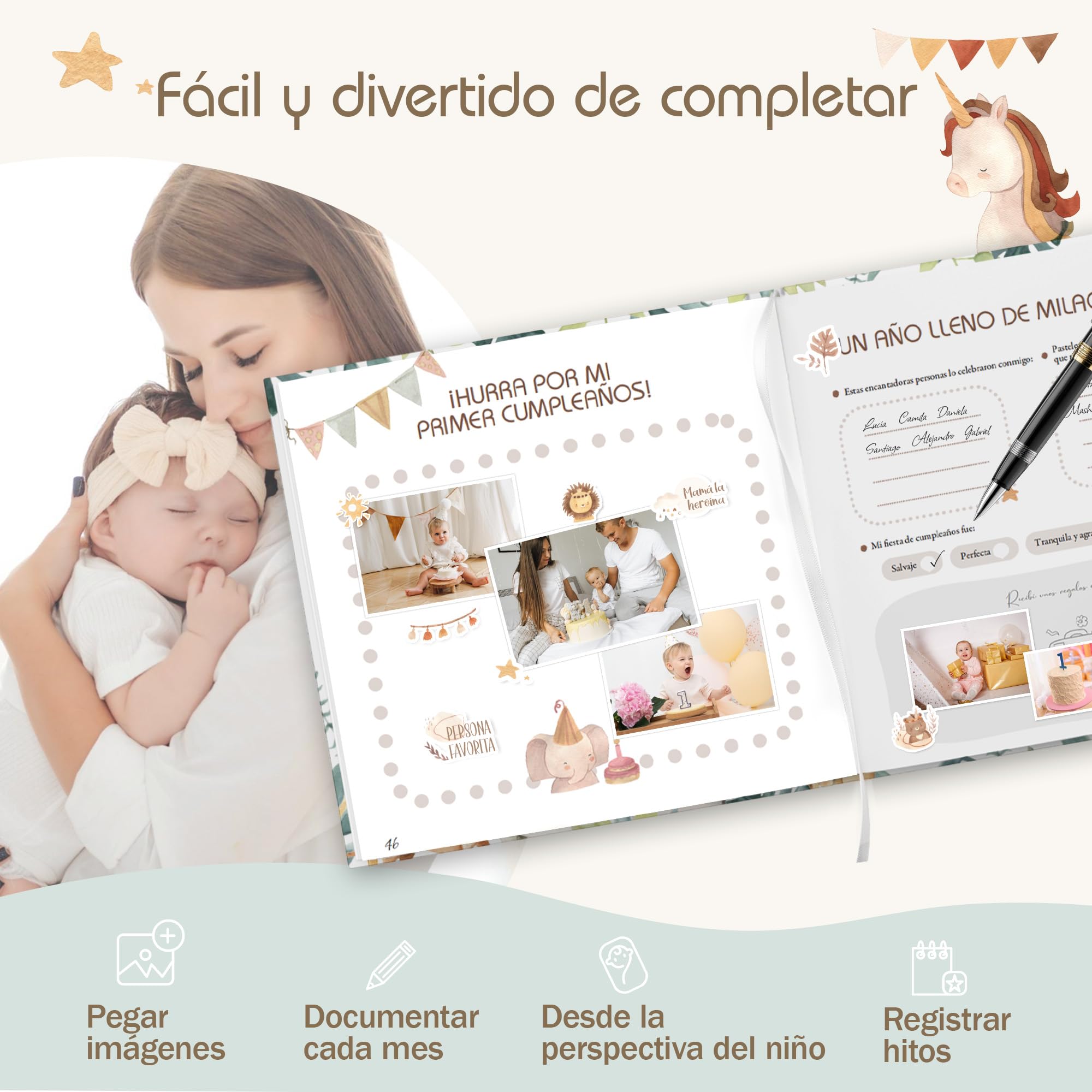 Libro Recuerdos bebe y Album Fotos bebe, 86 Páginas con Pegatinas - Desde el Nacimiento hasta los 1 Años - Baby Shower Regalo bebe Recien Nacido Niño y Niña
