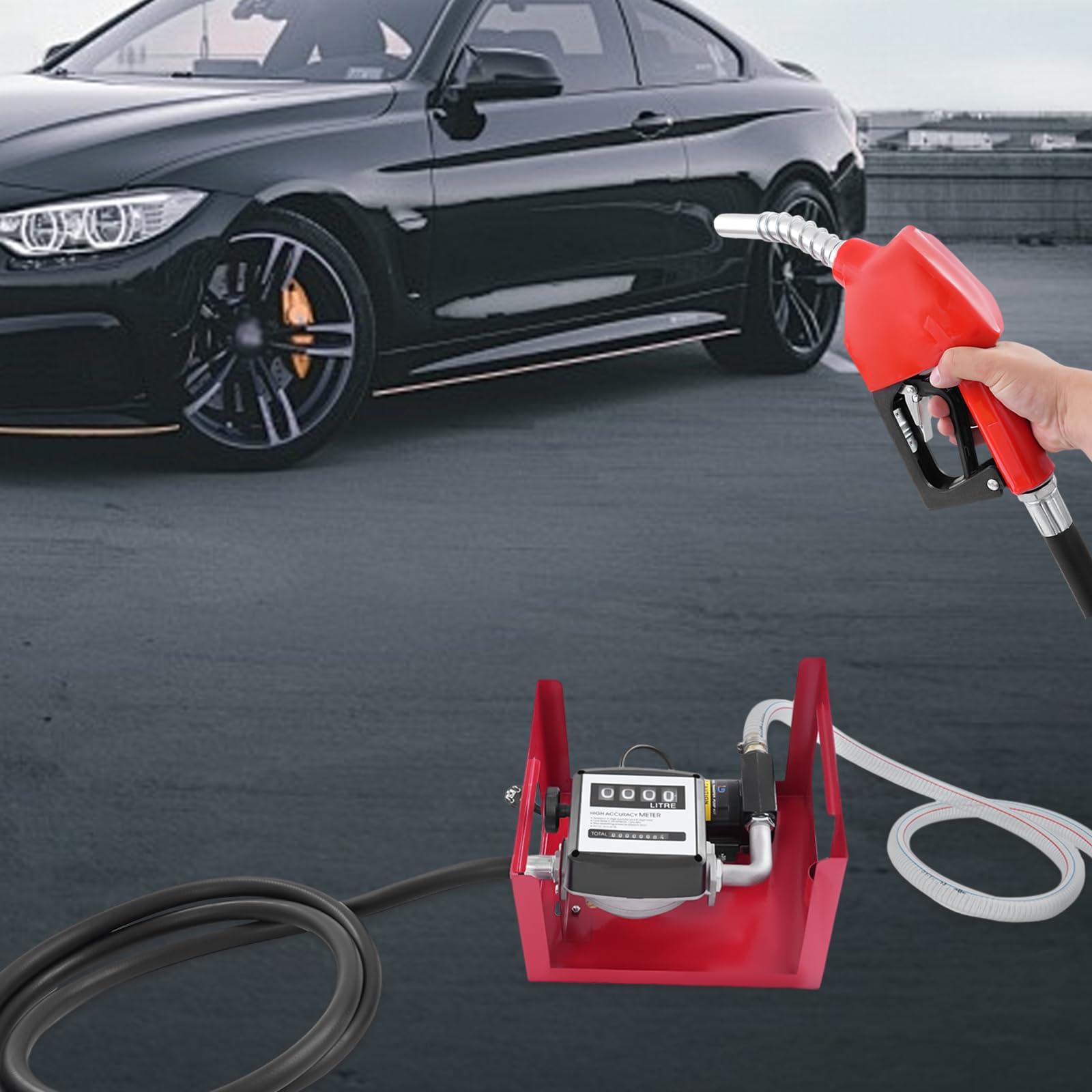 Bomba de diésel, 230V, bomba de gasóleo premium bomba de combustible, bomba de aceite autoaspirante, estaciones de servicio móviles, con mangueras y pistola dispensadora, asa para estación de servicio