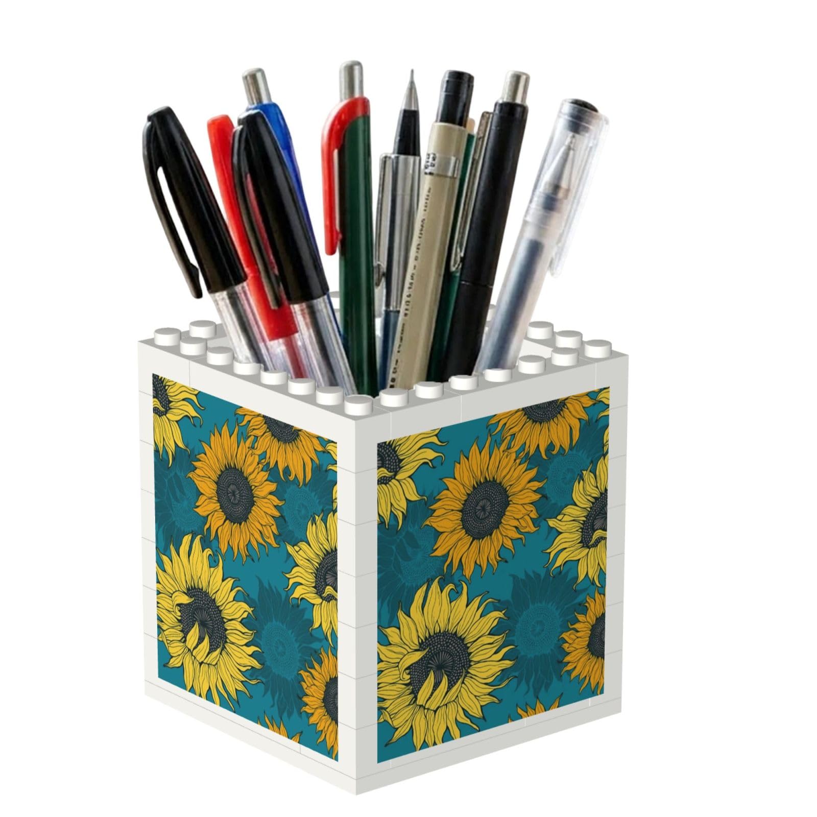 Poadnly Yellow Sunflowers On A Blue Background, Pen Pot Pencil Holder for Office Home School, Compact Desk Organiser for Office Stationery