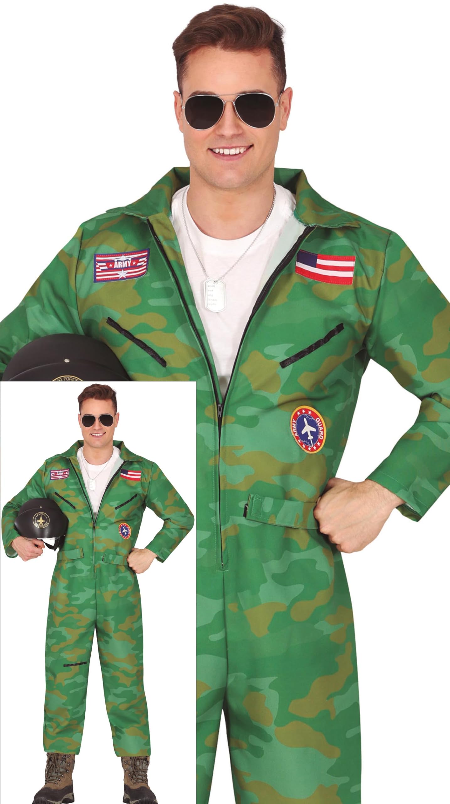 FIESTAS GUIRCA Hunky Fighter Jet Pilot Mens Fancy Dress Costume - Green Aviator Jumpsuit Fancy Dress Men Size L