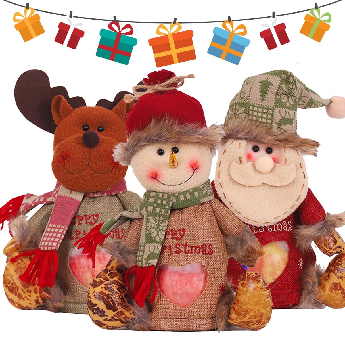 3Pcs Flax Christmas Apple Bags Zipper Reusable 2024 New Chritmas Eva Santa Snowman Snowflake Deer Shaped Apple Candy Bags Bulk Storages For Chritmas Party Decor