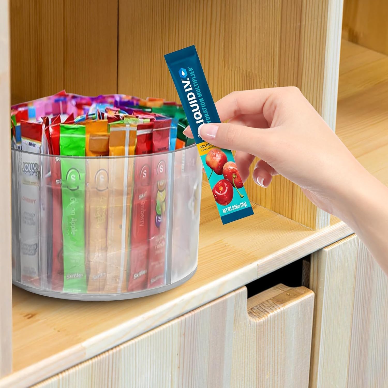 Organizador de paquetes de bebidas para mezcla de bebidas en polvo, paquete de polvo, paquete de agua, paquetes de hidratación, organizador Lazy Susan para mezcla de bebidas, soporte giratorio 4