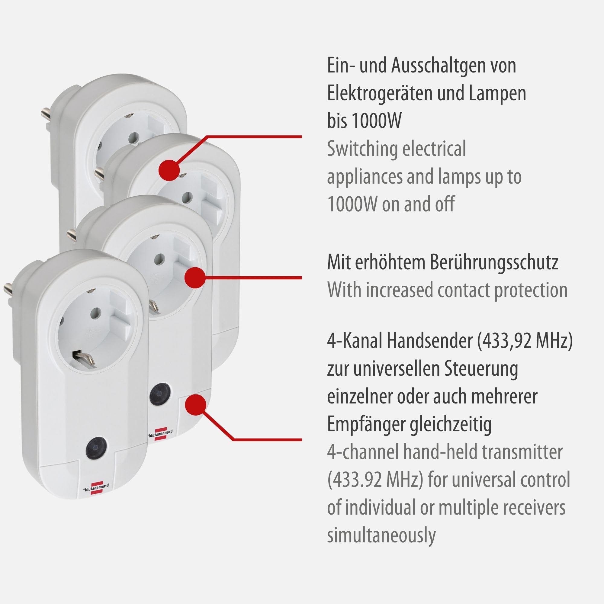 Brennenstuhl Comfort-Line set de 4 enchufes de radio (enchufes inalámbricos para uso en interiores, mando a distancia, radio control)