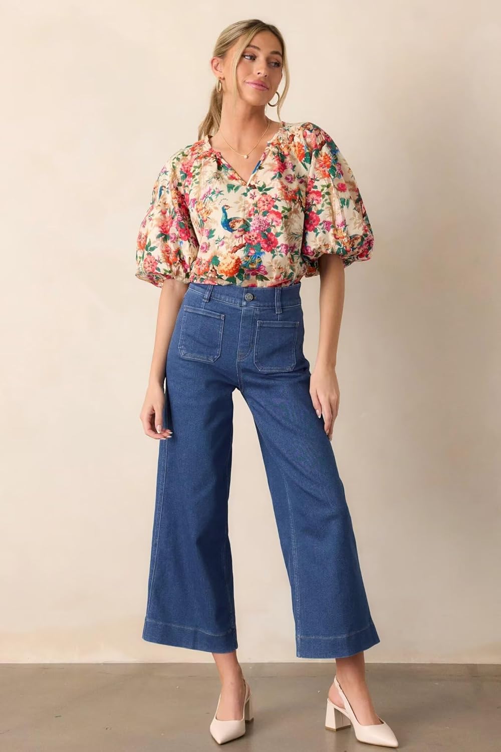 Allimy Women's High Waisted Cropped Wide Leg Jeans Stretchy Loose Denim Pants with Front Patch Pockets