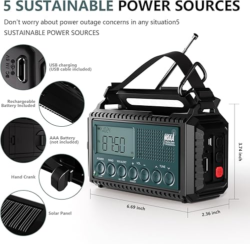 Miniatura 3 de AUTO NOAA Radio de emergencia de alerta, manivela solar portátil AM FM radio meteorológica de onda corta para supervivencia, radio a