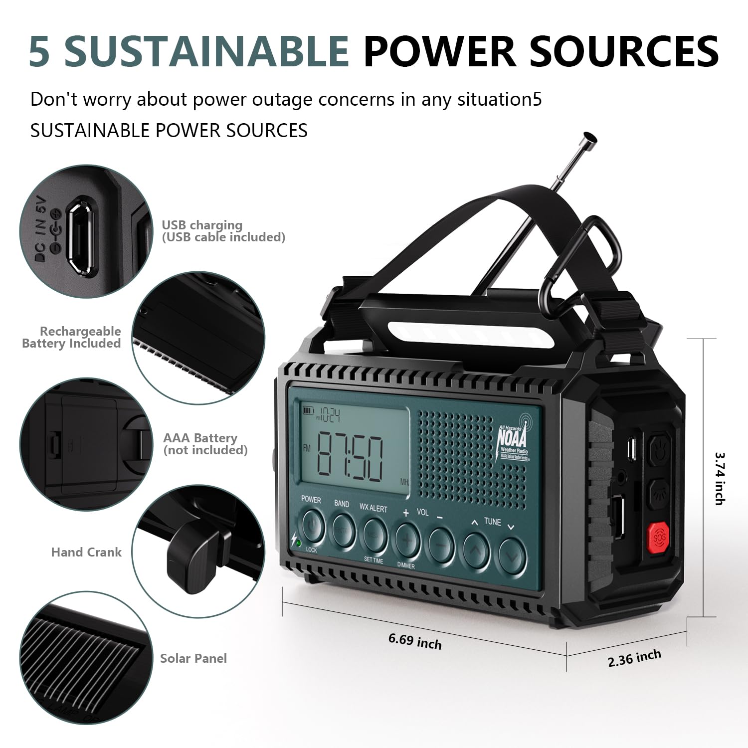 Radio meteo a manovella di emergenza con avvisi automatici NOAA e onde corte, 5000mAh | Ricarica solare, AM/FM/SW, torcia, lampada da lettura, allarme SOS, caricatore del telefono, orologio e ampio display LCD