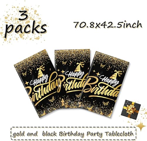 Miniatura 3 de Decoraciones de feliz cumpleaños, mantel dorado y negro, fundas rectangulares de plástico desechables para hombres y mujeres, fiesta de cumpleaños