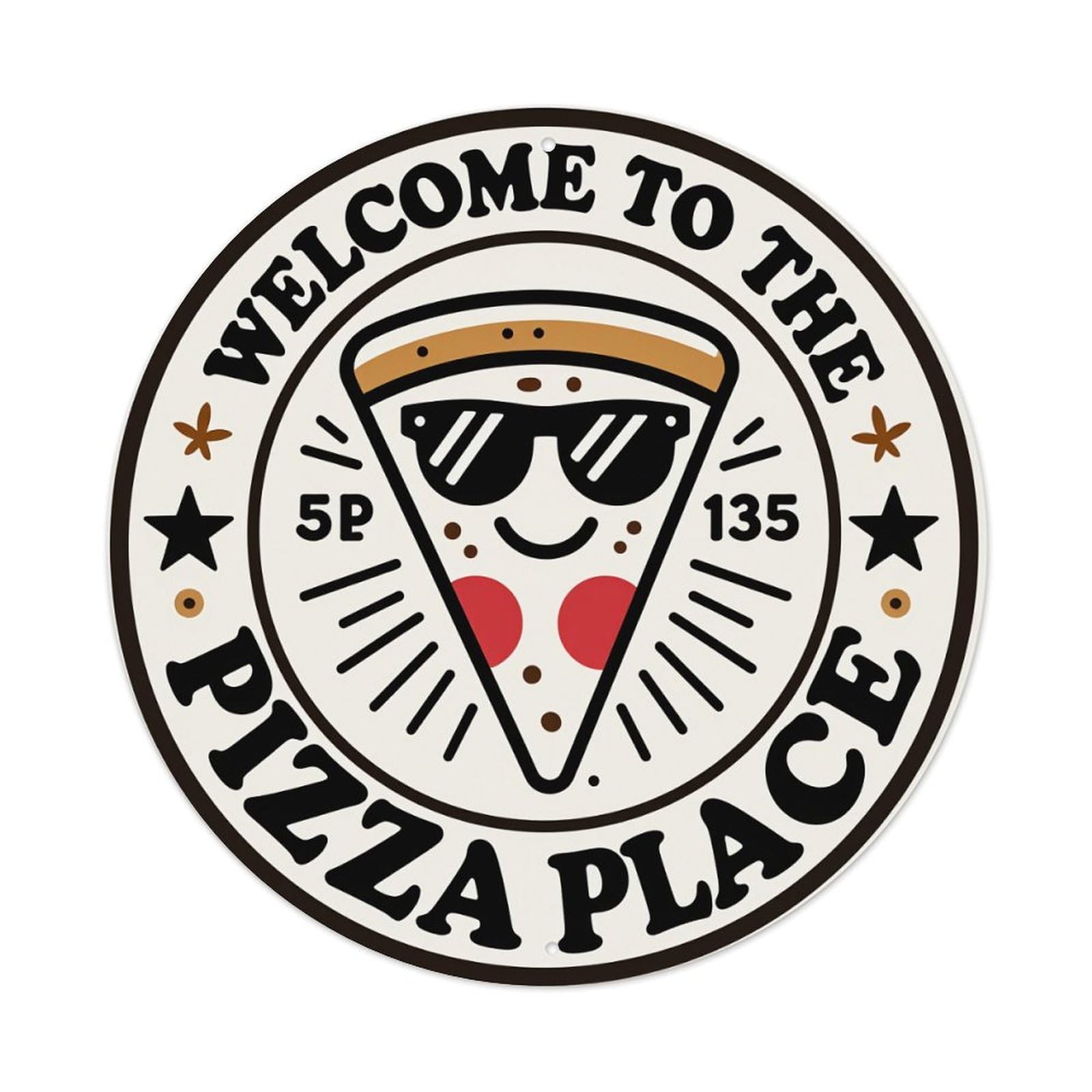 Pizza Slice With Sunglasses And Smiley Face Round Tin Sign Vintage Metal Poster Retro Bar, Home, Man Cave, Kitchen, Laundry Room Wall Art Decor Gift 8x8In