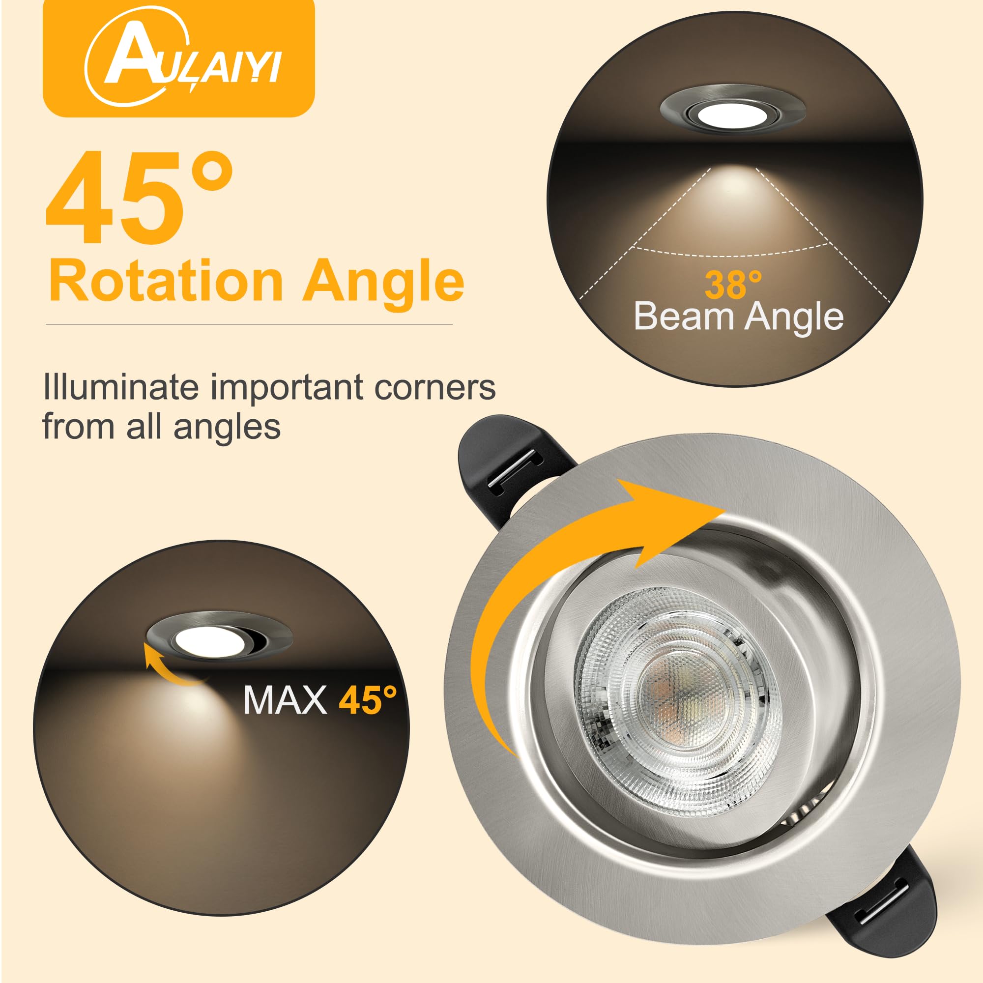 LED Einbaustrahler 230V Dimmbar 68mm 5.5W IP44 LED Spots Ultra Flach Deckenspots 45° Schwenkbar Einbauleuchten Warmweiß Neutralweiß Kaltweiß Einbauspots für Bad Wohnzimmer, Nickel 6er Set