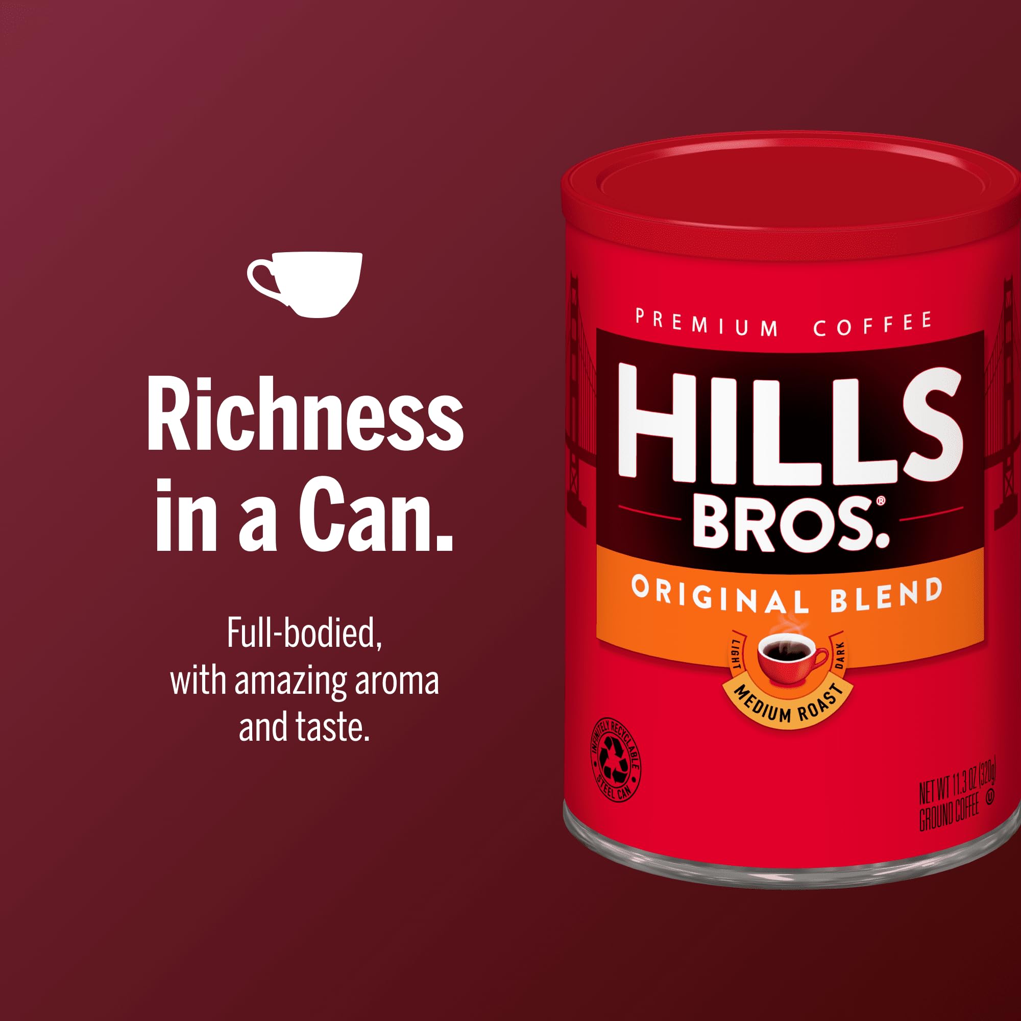 Hills Bros Original Blend Ground Coffee, Medium Roast, 11.3 Oz