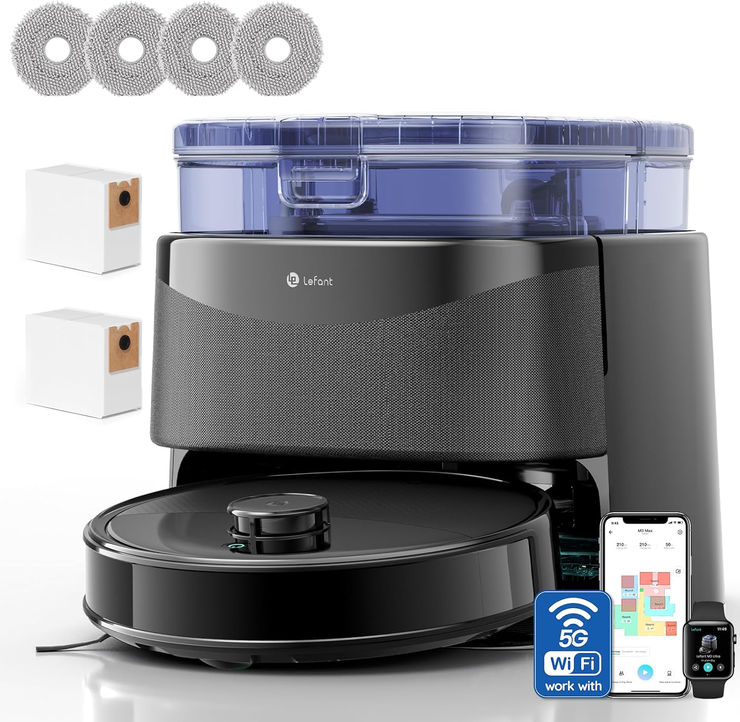 Lefant Robot Vacuum and Mop, 22,000Pa Suction,All-in-One, 90-Day Self-Emptying, Obstacle Avoidance, Auto Mop Washing&Drying, for Pet Hair Carpet, 5G WiFi Alexa/APP/iWatch Control, M3 Ultra