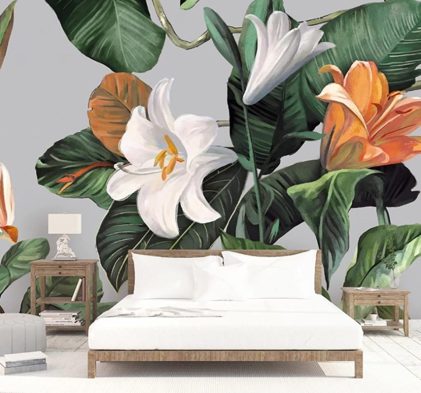 XLMING Three Dimensional Fresh Green Leaves Beautiful Lilies 3D Wallpaper Luxury Silk Study Dining Feature Sofa Grey Bedroom Living Room Tv Decorative Wall-250cm×170cm