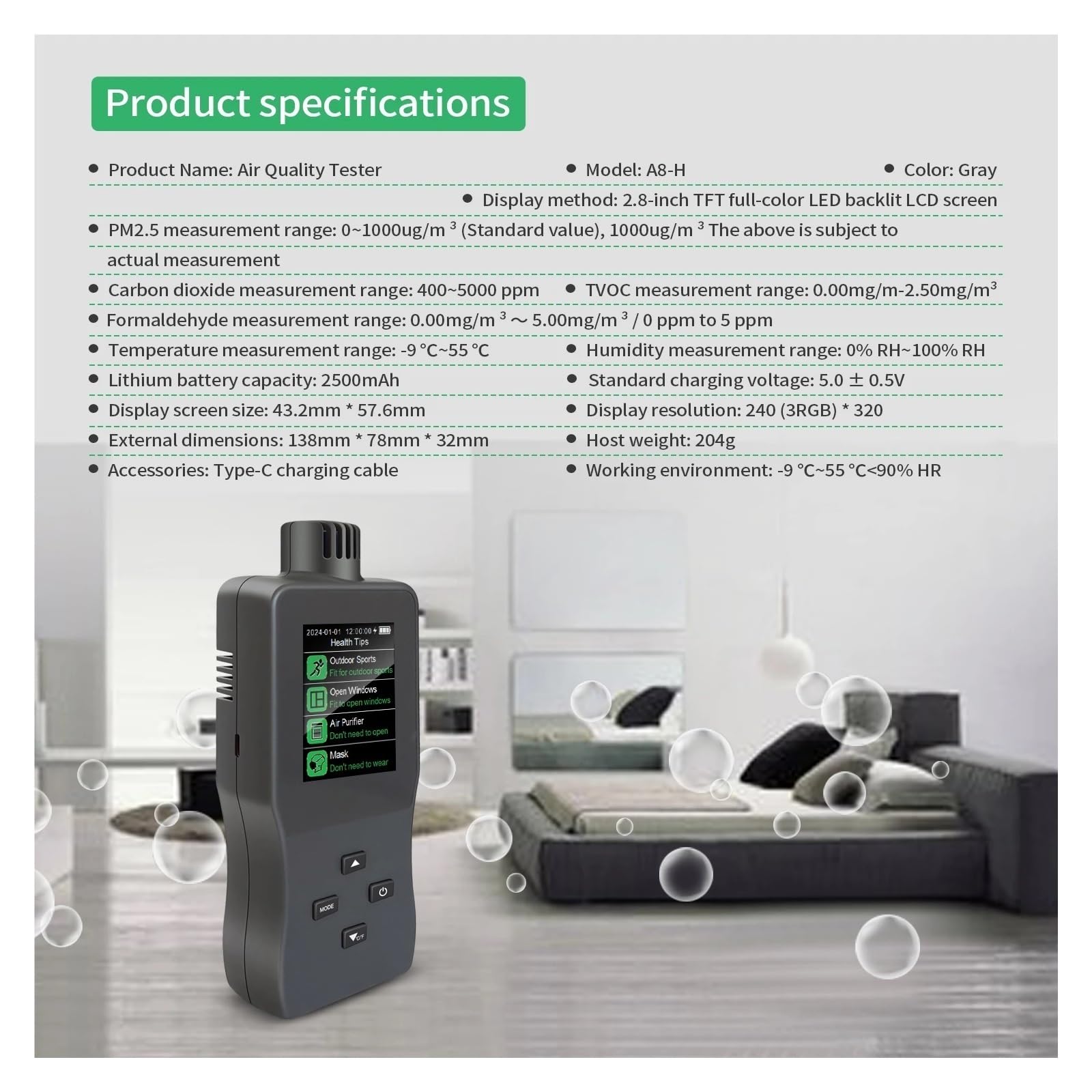 Miernik jakości powietrza LCD CO₂ Miernik HCHO/TVOC/PM2.5/Temp/Wilgotność Monitor jakości powietrza Detektor Inteligentny analizator gazu formaldehydowego Odczyt w czasie rzeczywistym