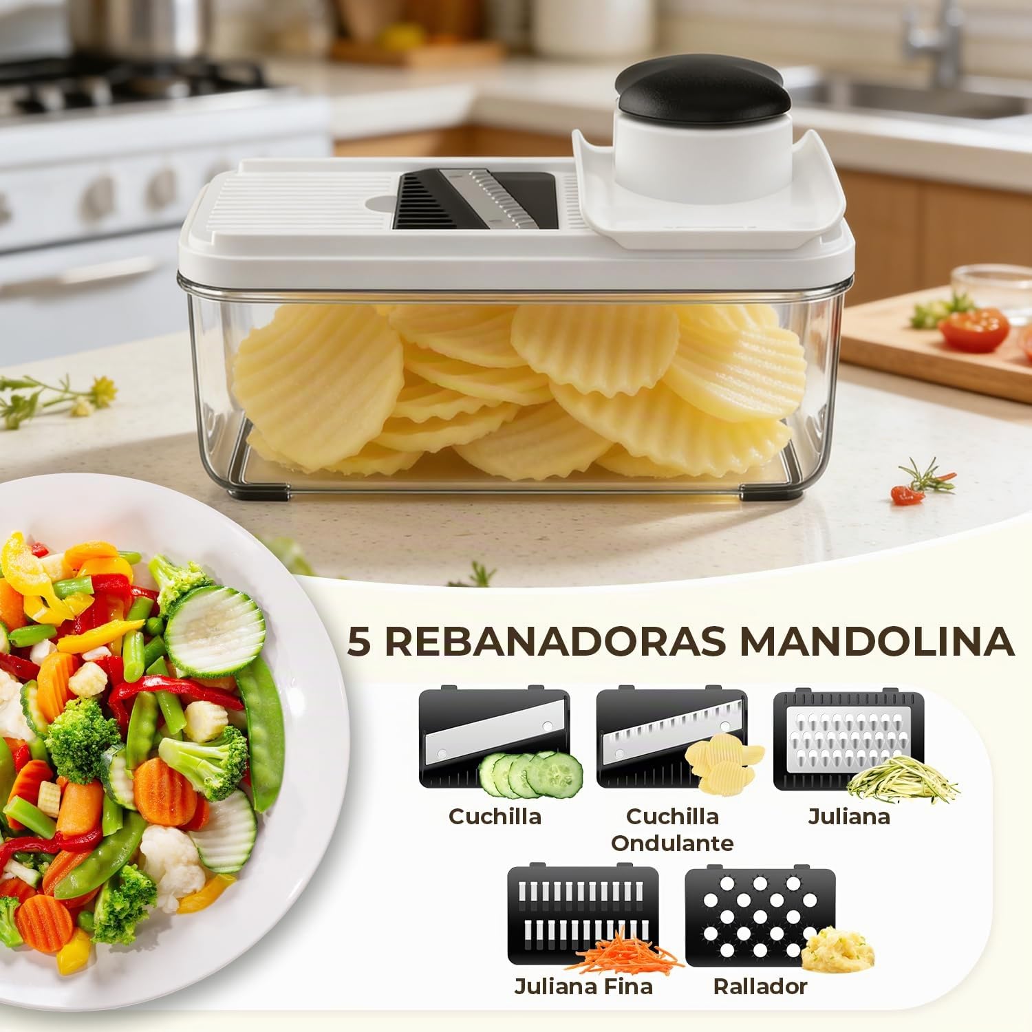 Mandolina de Cocina, Cortador de Verdura y Espiralizador, Rallador de Verduras con 9 Cuchillas Intercambiables, Cortador verduras Manual para Tomates, Cebollas, Pepinos, Patatas