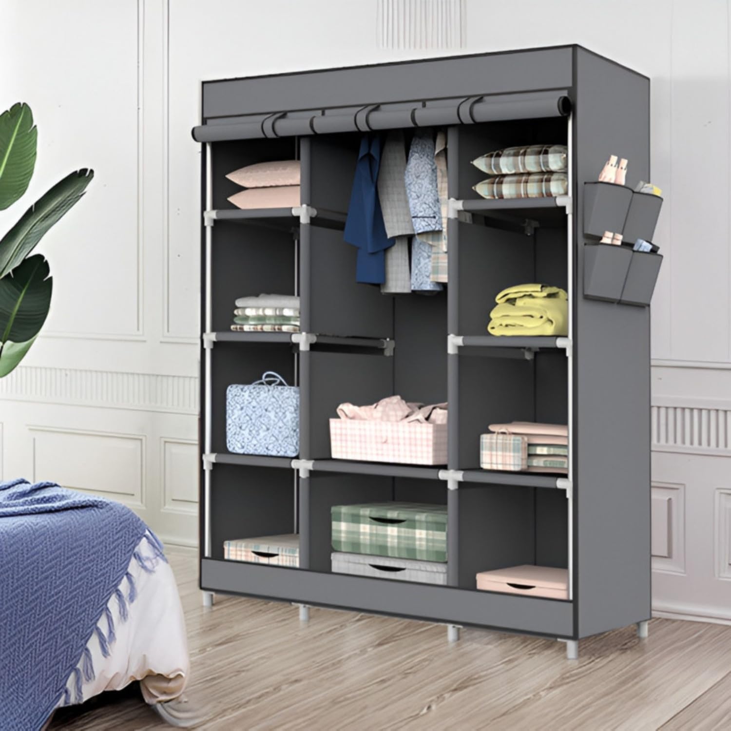 THINIA HOME Armario Ropero de Tela MAX Gris 128x45x169cm