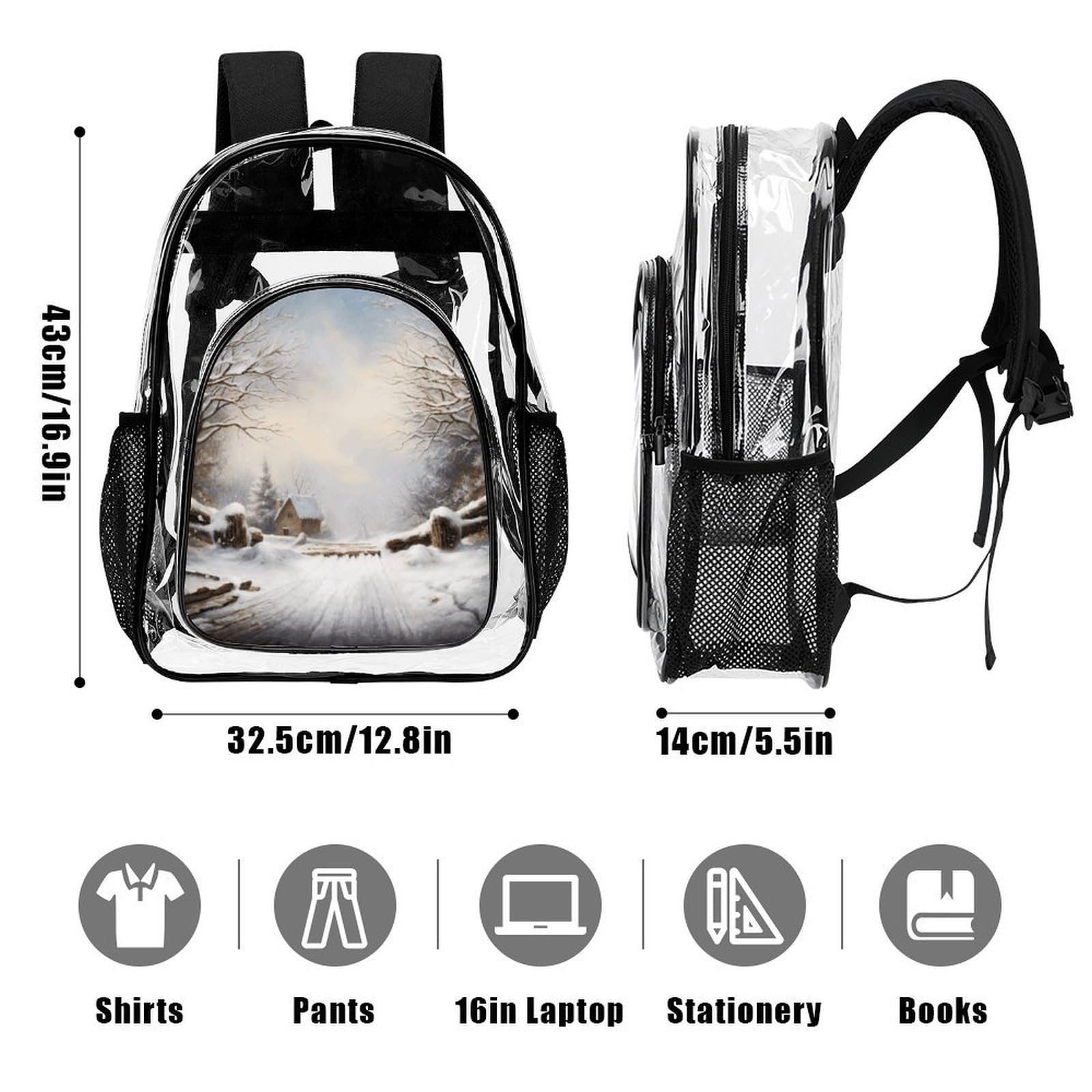 Snow Scene - Zaino trasparente grande, in PVC trasparente, per la sicurezza, il lavoro, i viaggi, lo stadio
