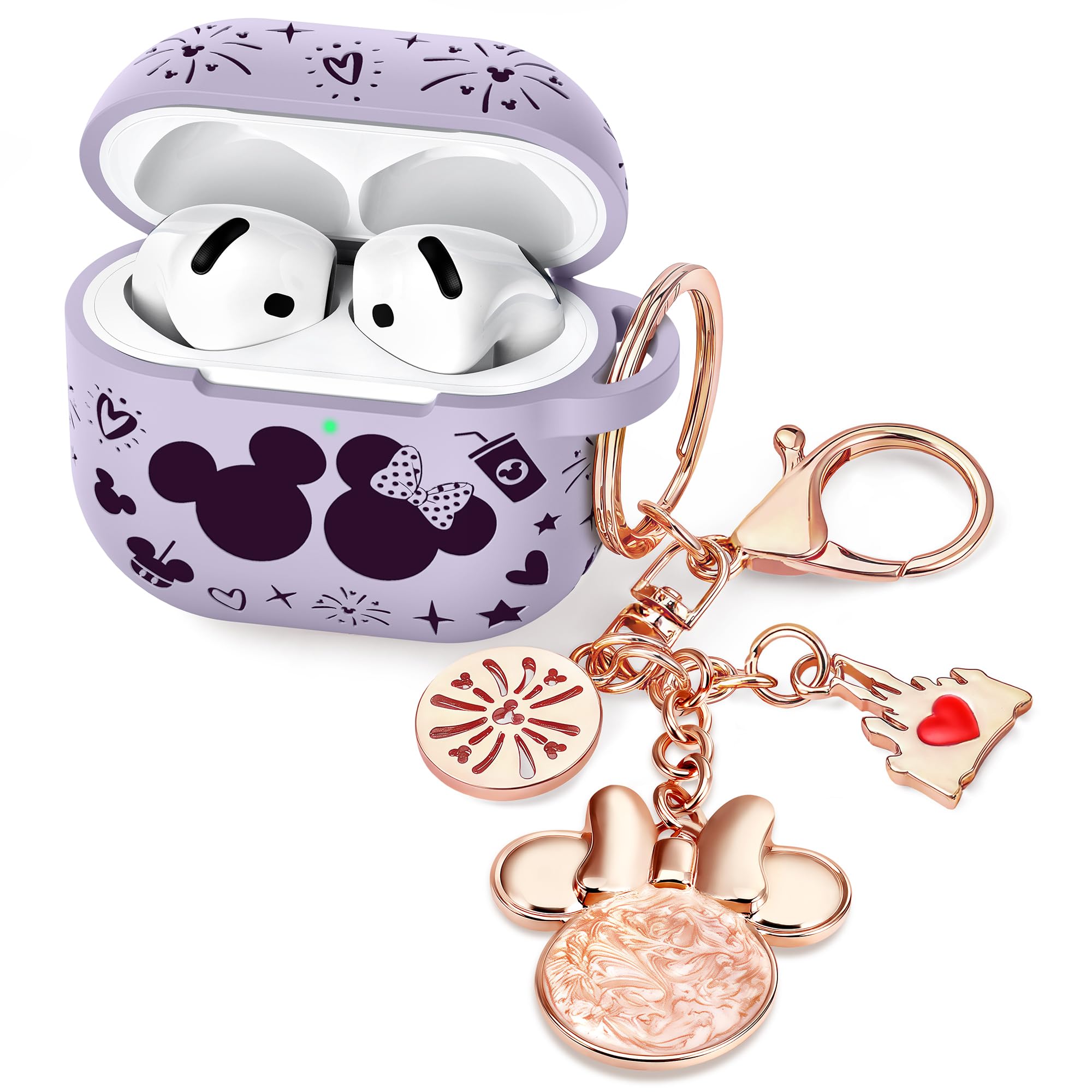 (with Cute Keychain) Girovo Compatible with Apple Airpods 4 Case 2024 Women, Soft Silicone Two-Tone Funny Cartoon Engraved Portable 360° Full