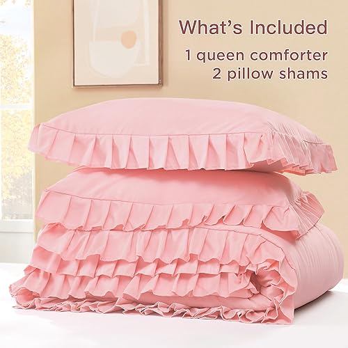 Miniatura 70 de Litanika Juego de edredón Queen de 3 piezas, color rosa rubor, para niñas y mujeres, con volantes, lindos edredones y juegos de ropa de cama, 02