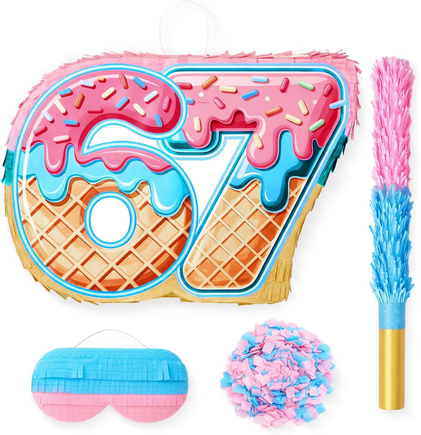 Soulchen Ice Cream Drip Theme Piñata Number 6 7 Party Supplies with Bat Stick Blindfold and Confetti for Funny Six Seven Theme Birthday Party Game Decorations