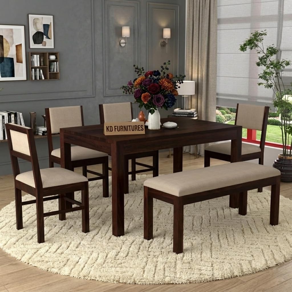 Wood 6 Seater Dining Table with Chair || Wooden Dining Table 6 Seater for Living Room || Dining Room Furniture || Dining Table Set || Folding Dining Table || Dining Table with Bench || Walnut Finish-image-39