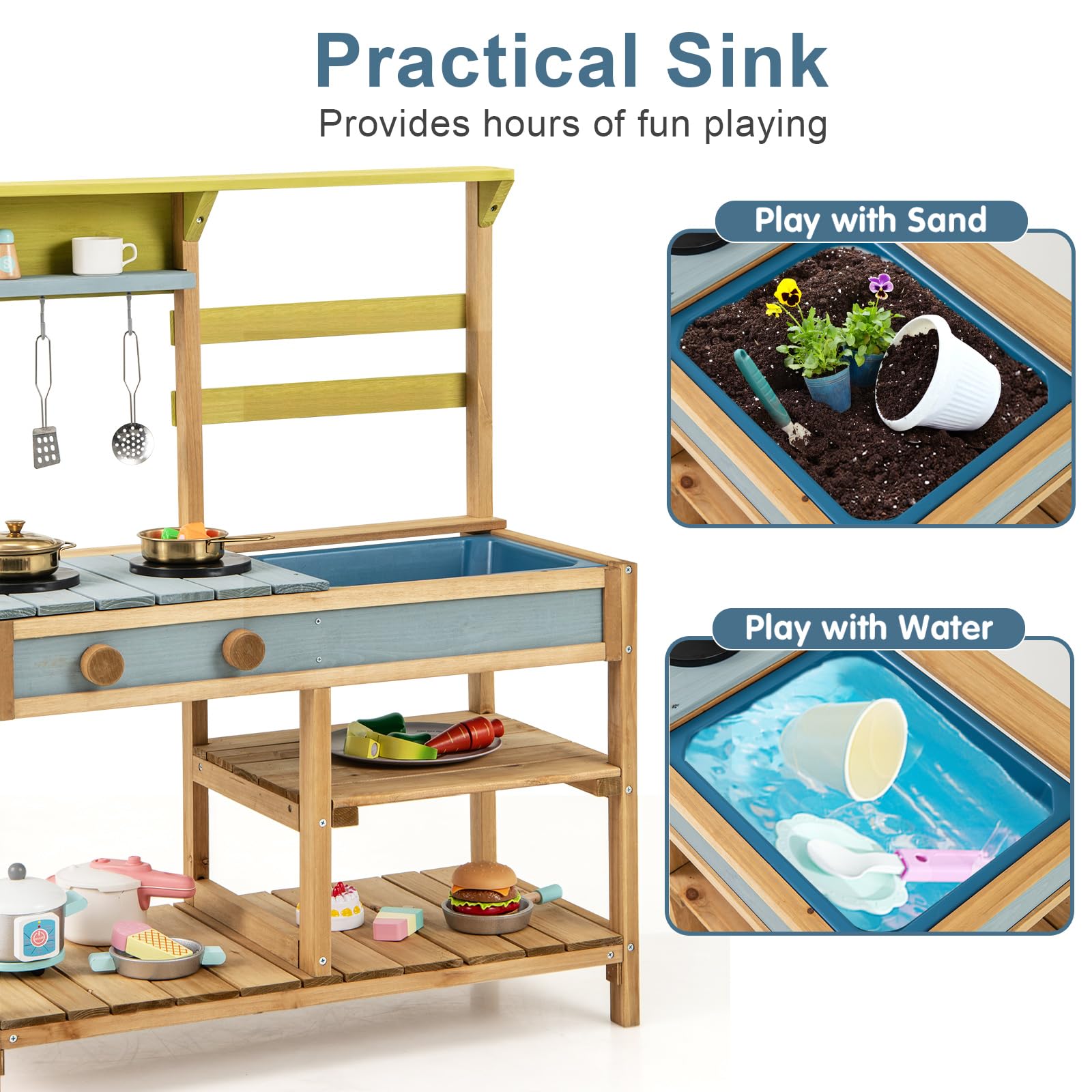 HOMASIS Cucina Giocattolo per Bambini in Legno, Cucinetta per Bambini Interattiva con 3 Ganci, 1 Lavandino e 2 Fornelli, Giocattolo Educativo per Bambini da 3+ Anni, 75 x 36 x 92 cm (Naturale)