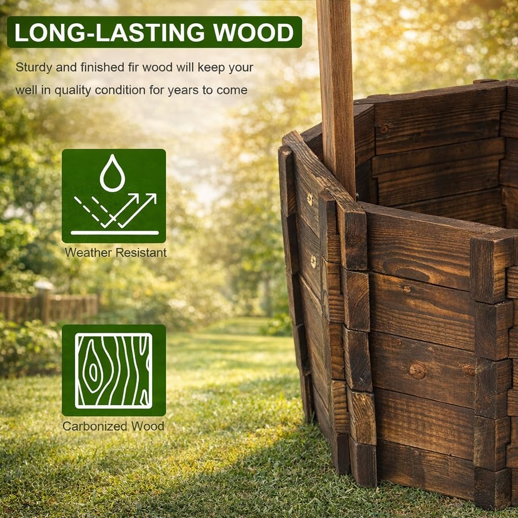 Wooden Wishing Well with Hanging Bucket, Outdoor Rustic Wishing Well Planter for Flowers and Plants, Well Covers for Yard, Garden Decor for Outside