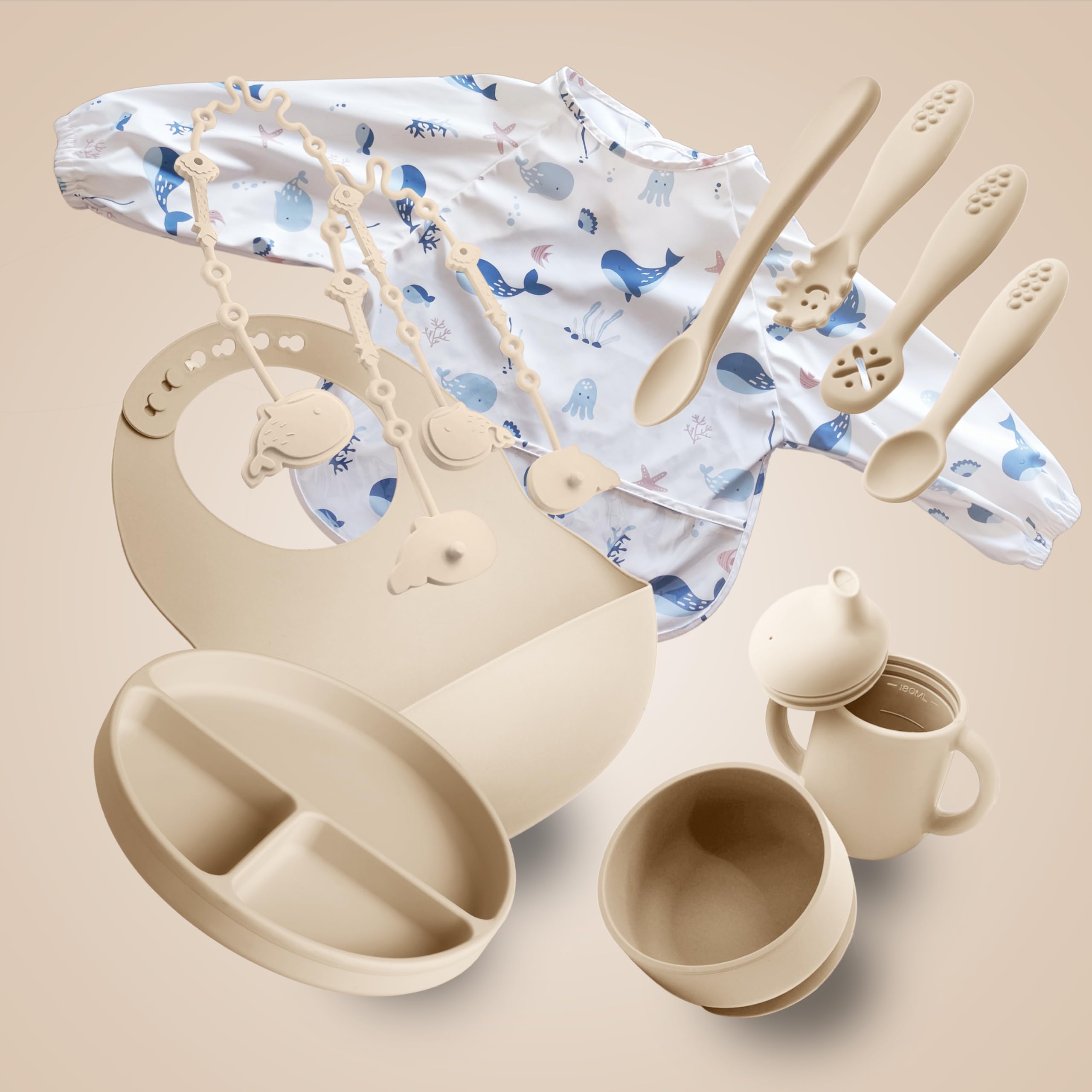 Navik | coffret repas bebe 12 pièces | assiette ventouse pour bébé | tasse apprentissage | bol et cuillere en silicone | Bavoir à manches longues | beige