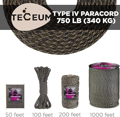 Miniatura 144 de TECEUM Cuerda de paracaídas de 750 libras – 1000 pies / 200 pies / 120 pies / 100 pies / 50 pies – Cuerda de paracaídas para campamento, Camuflaje
