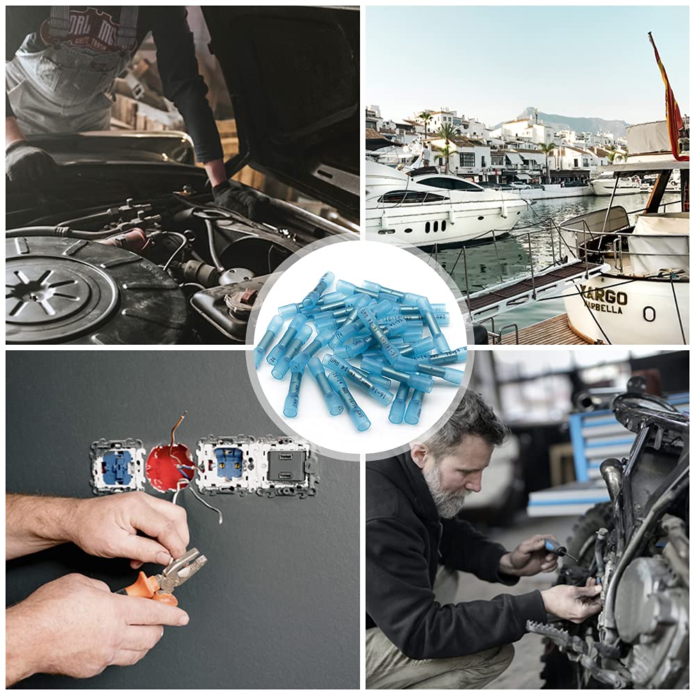 200 Pcs Blue Heat Shrink Butt Connectors - 16-14 AWG Gauge Splice