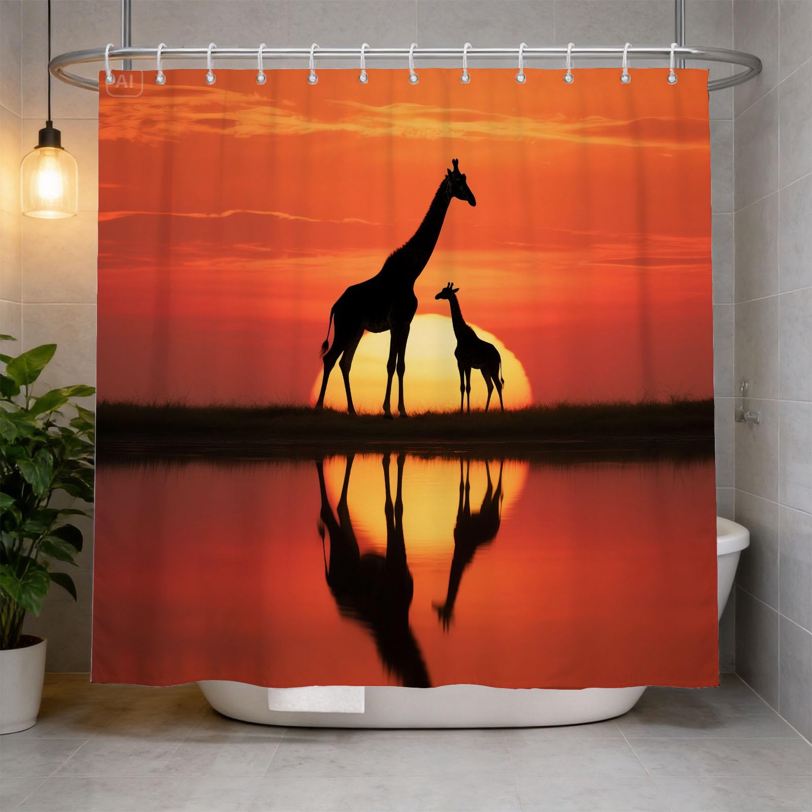 Hongduo 3D Giraffe Silhouette Shower Curtain for Stalls Bathtubs Sunset Silhouette Bathroom Decor Shower Curtain Set Polyester Fabric Waterproof 180x180cm/71X71 Inch with Hooks