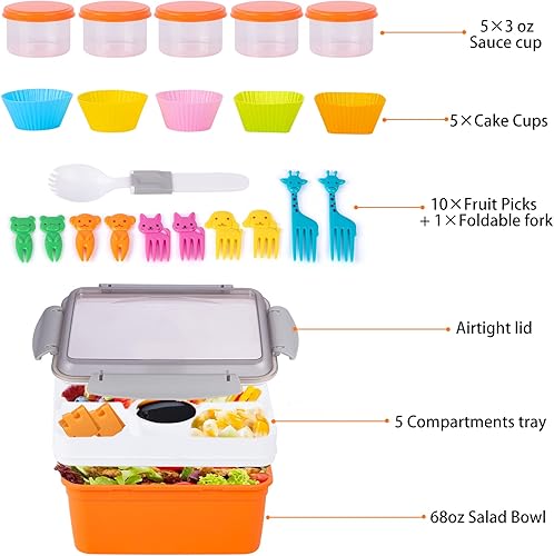 Miniatura 2 de LileZbox Lonchera de ensalada para adultos, caja Bento apilable de 68 onzas, lonchera para adultos con 5 tazas de salsa, recipiente de ensalada con