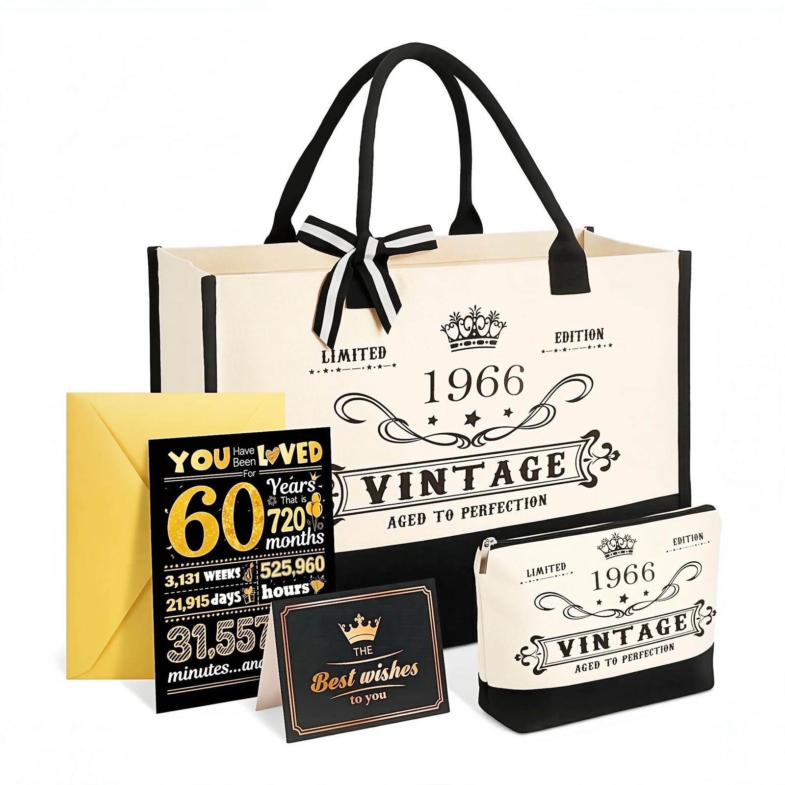 Raroly 60th Birthday Gifts for Women Canvas Tote Bag Travel Gear, Vintage 1966 Handbag with Cosmetic Bag and Have Been for 60 Years Poster, Unique 60 Years Old Gifts for Mum Friends Wife Sister Her