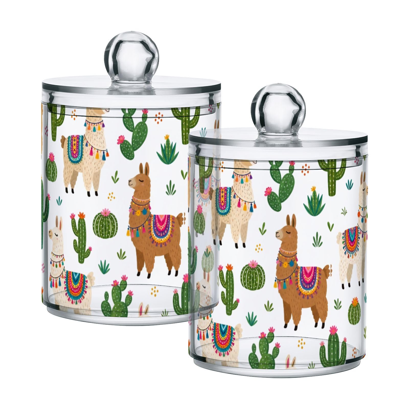 Lyeorm Llama Cactus Apothecary Jars with Lid 4 Pack Qtip Holder Dispenser Bathroom Storage Organizer Clear Plastic Canister Jar for Cotton Ball, Cotton Swab