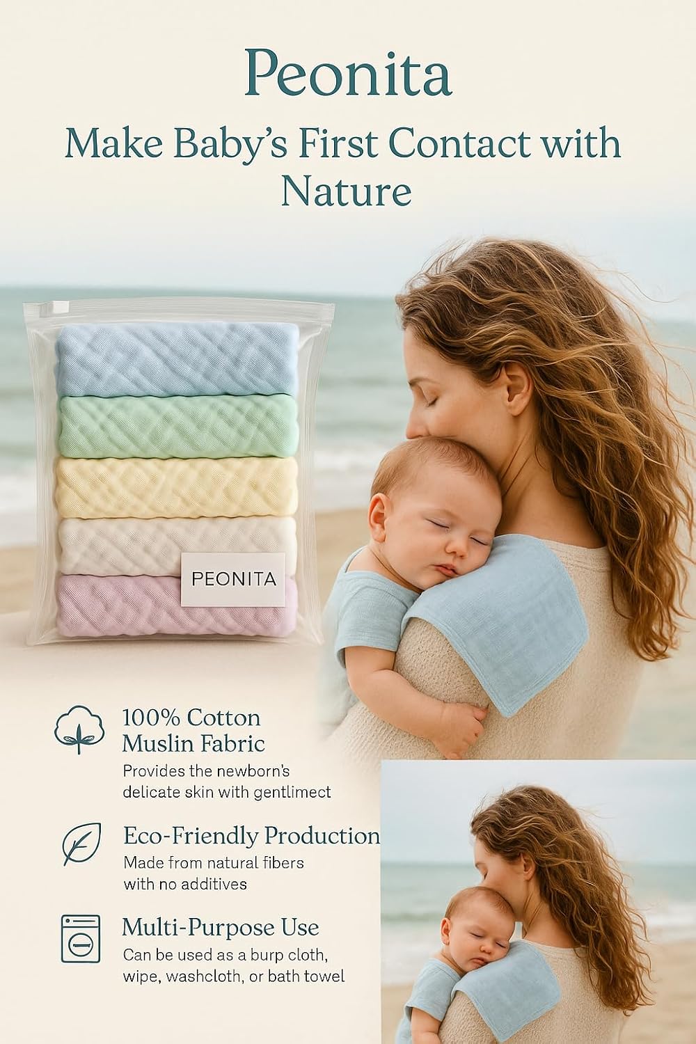 Baby Washcloths – 6 Pack Soft Muslin Cotton Towels for Newborns – Blue & White – Gentle, Reusable Face Cloths Set for Boys – 10x10