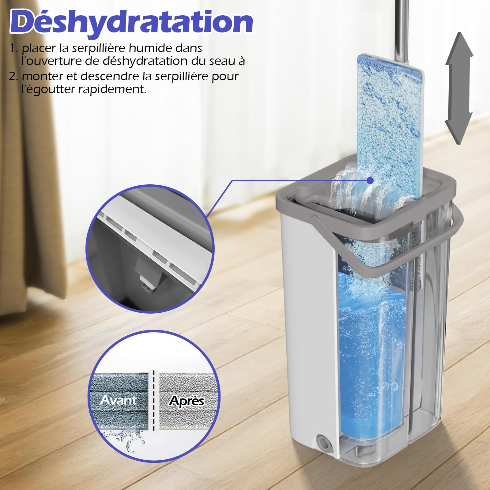 Mopa giratoria 360° con cubo, 2 en 1, cubo escurridor, microfibra, fregona plana, con 5 mopas reutilizables, mango de acero inoxidable, para limpiar todo, blanco