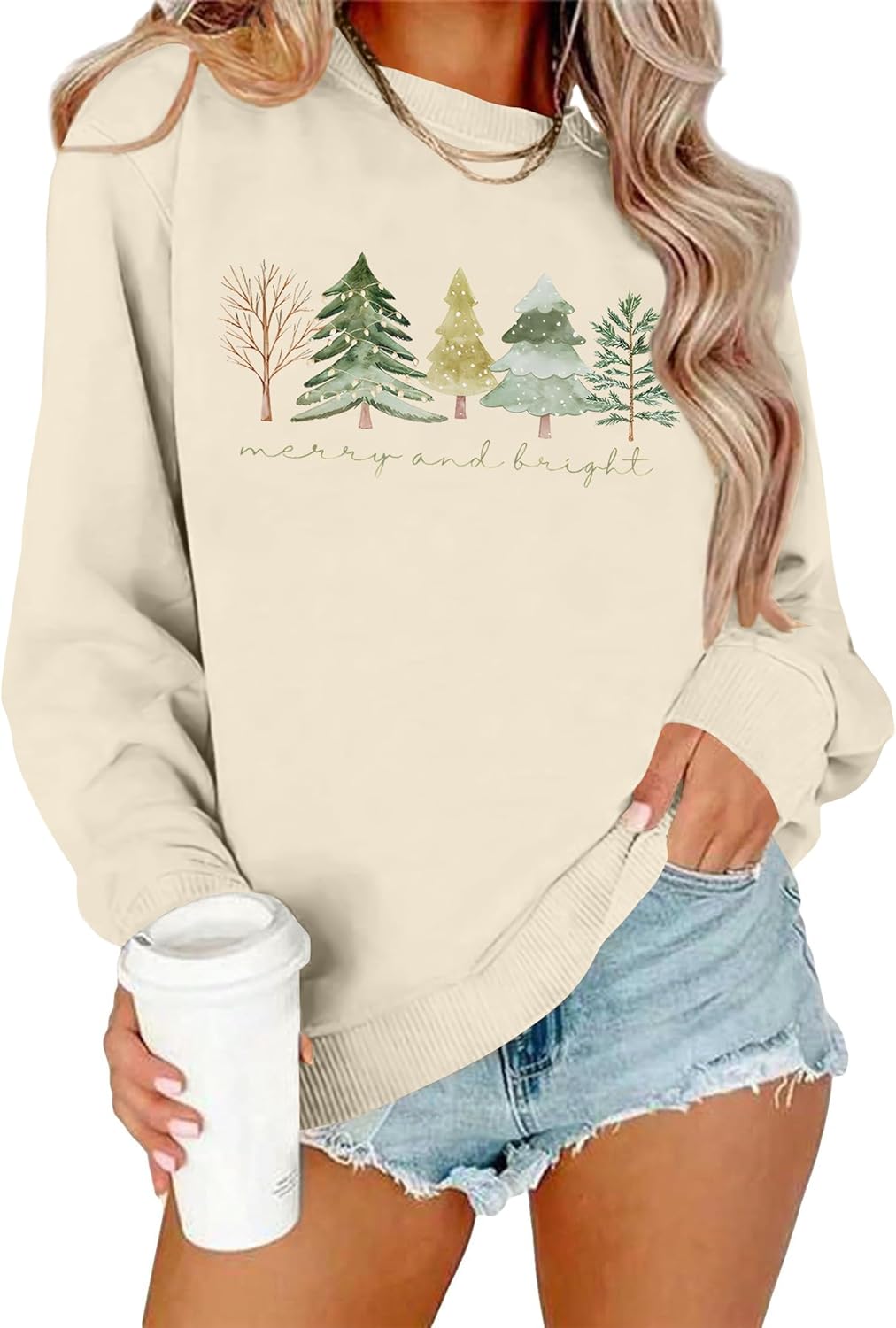 Christmas Sweatshirts Women: Merry and Bright Shirts Christmas Tree Graphic Long Sleeve Shirt Xmas Holiday Pullover Tops - Image 5