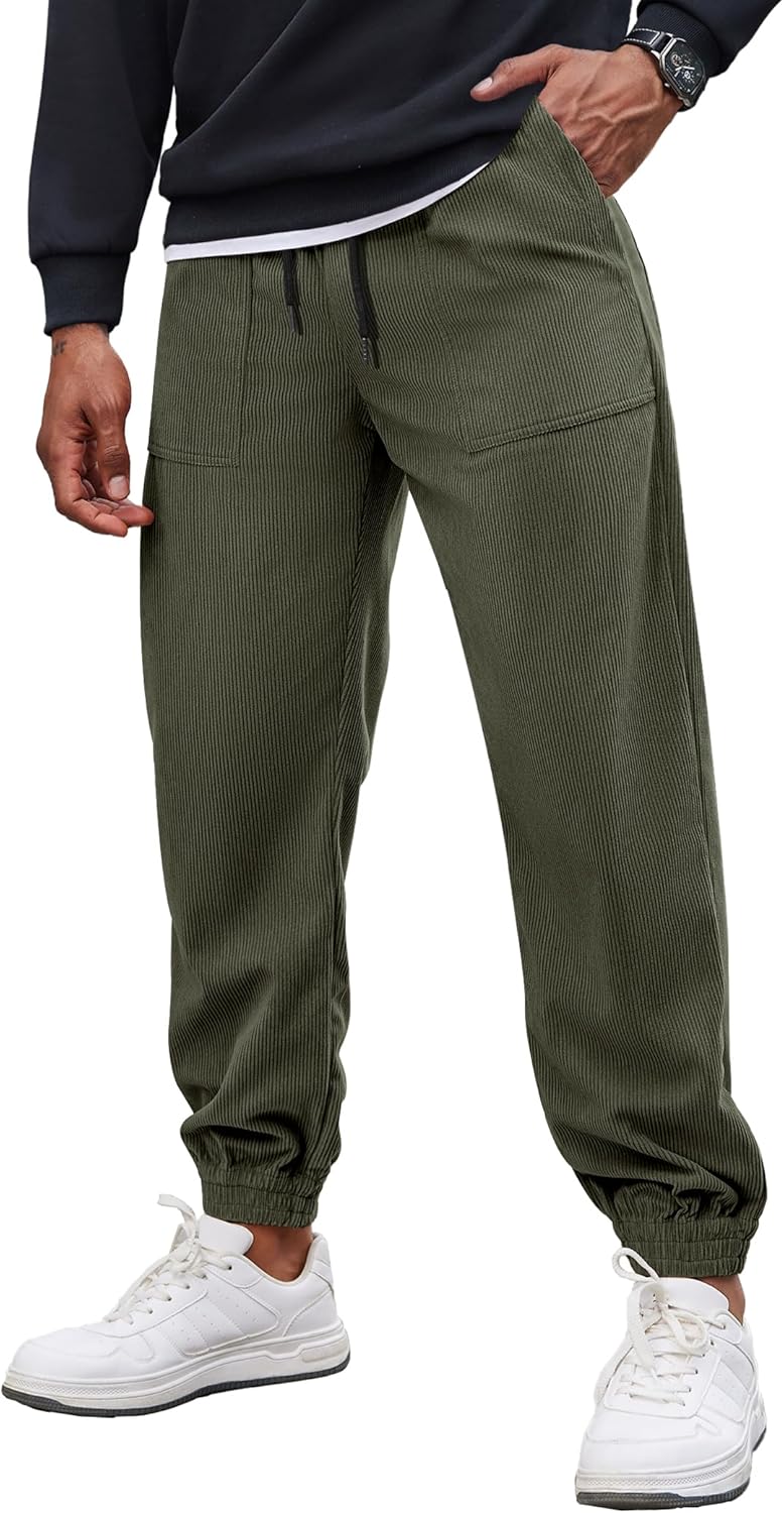 COOFANDY Men's Corduroy Pants Casual Drawstring Trousers Elastic Waist Fashion Tapered Streetwear Joggers with Pockets