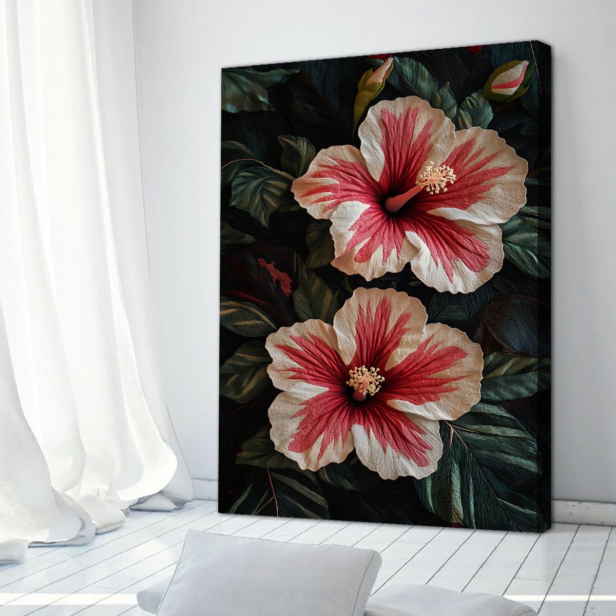 TOANGWALL Tropikalny hibiskus, płótno, sztuka ścienna, czerwone, różowe, kwiaty, malarstwo, ciemnozielone liście, dzieło sztuki, nowoczesny, oprawiony plakat, wydruki, obrazy ścienne do salonu, salonu