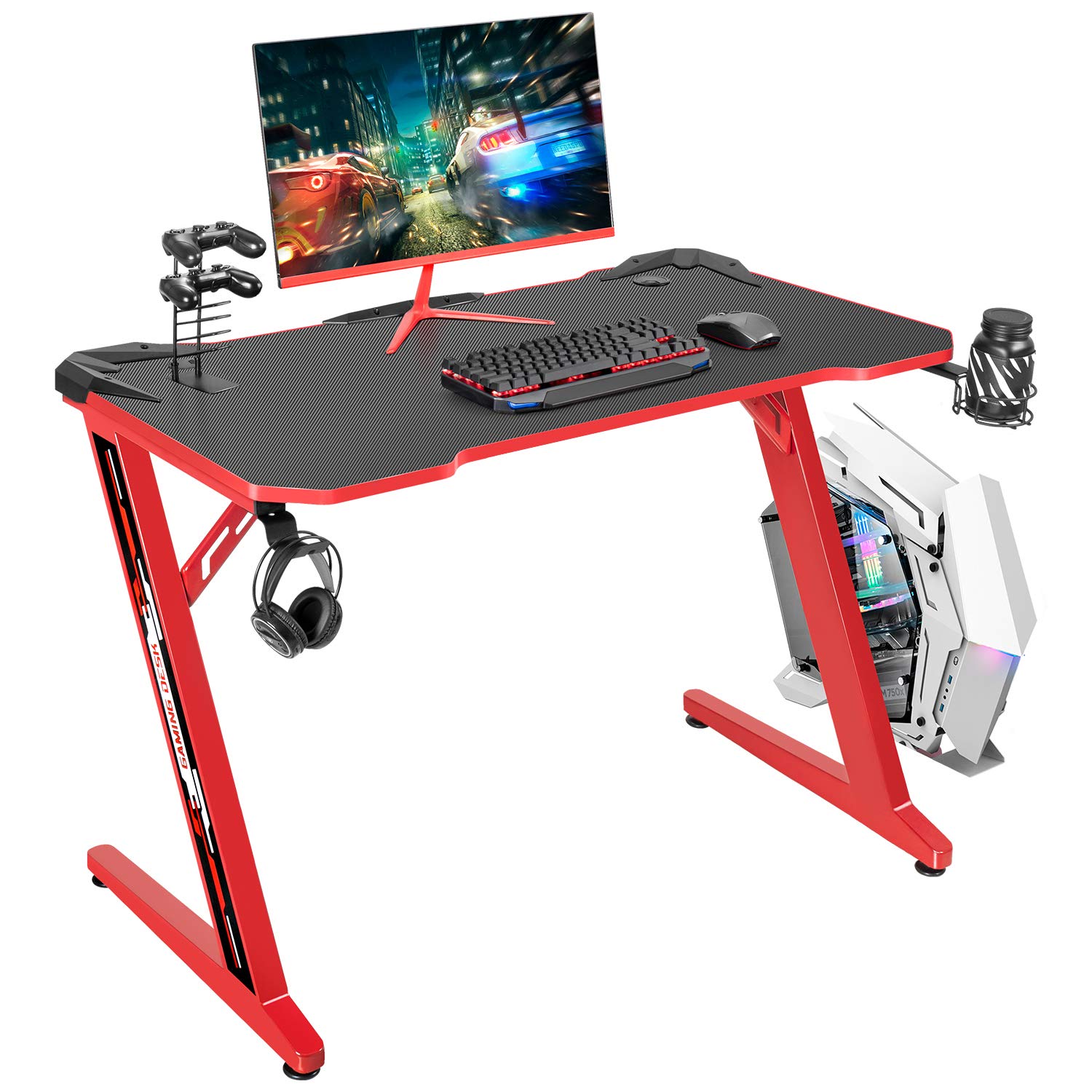 Flamaker Gaming Desk 44 Inch Gaming Table Computer Desk Gamer Table Z Shape Game Station with Large Carbon Fiber Surface, Cup Holder & Headphone (Red)