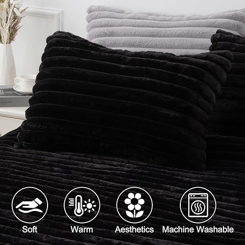 Miniatura 8 de A Nice Night Juego de edredón de forro polar a rayas, tamaño Queen, súper suave y cálido, ropa de cama mullida de pelo sintético de lujo para