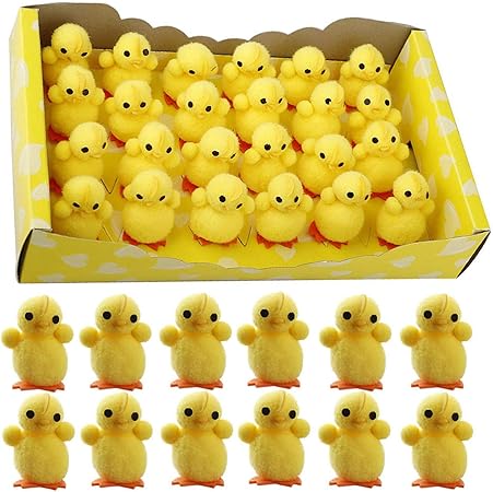 Amazon ミニイースターシェニールひよこセット かわいい完全に黄色のイースターひよこ イースター ボンネットの妖精の庭の植物の装飾のための赤ちゃんのひよこぬいぐるみ パーティーの好意の贈り物 24pcs ぬいぐるみ おもちゃ
