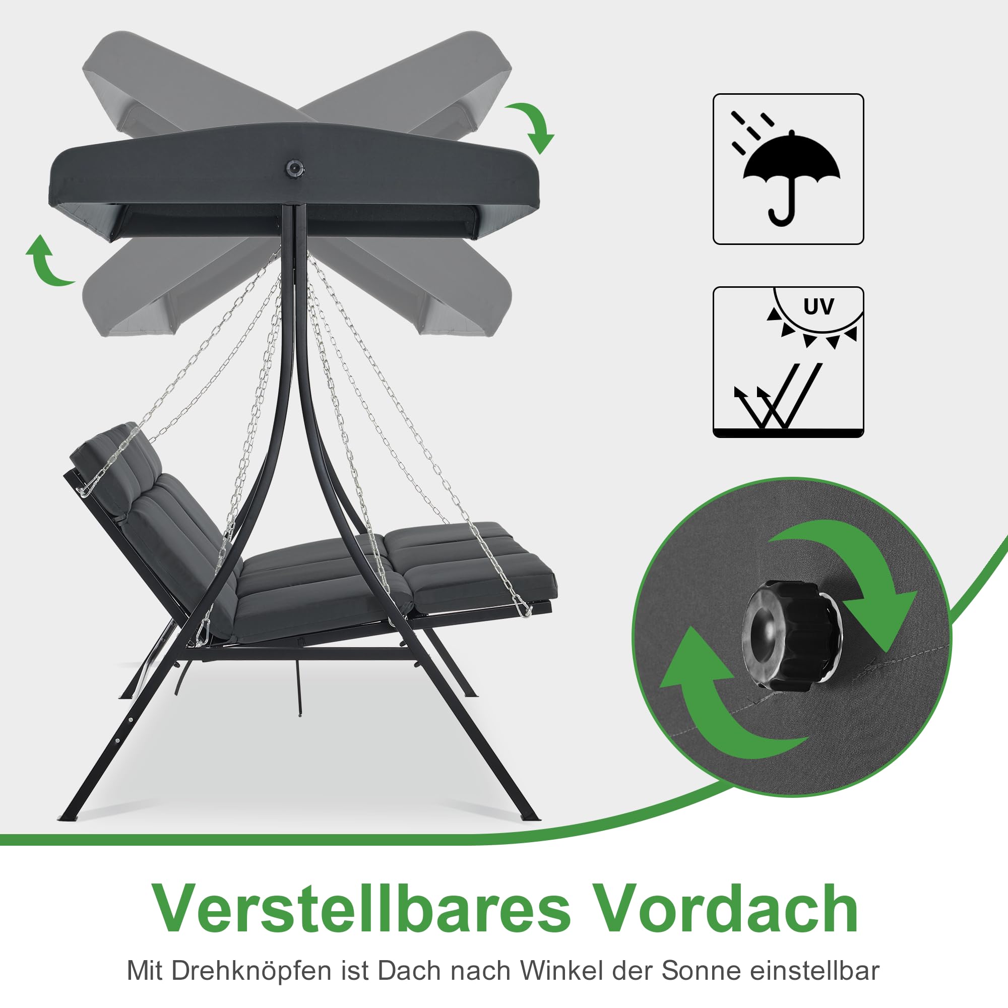 M MCombo Hollywoodschaukel mit Liegefunktion, Gartenschaukel 3 Sitzer Wetterfest, Outdoor Schaukelbank mit Metallketten, Verstellbarem Dach, 123 * 194 * 169 cm, 8018 (Dunkgelgrau)