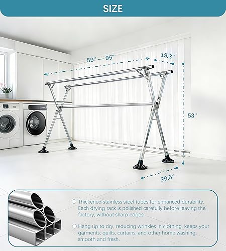 Miniatura 6 de Estante de secado de ropa de 95 pulgadas, diseño resistente al viento, de acero inoxidable resistente, plegable, para interiores y exteriores,