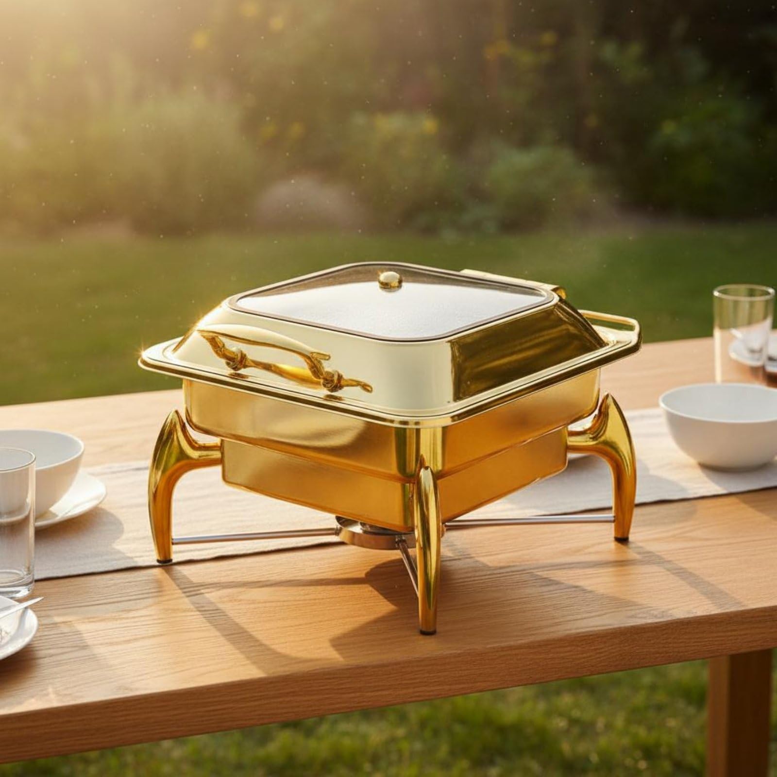 Chafing Dish Acabado Dorado Baño María Buffet Diseño Elegante Calentador Bufé para Catering, Comedor, Cuadrado De 6L con Tapa Extraíble
