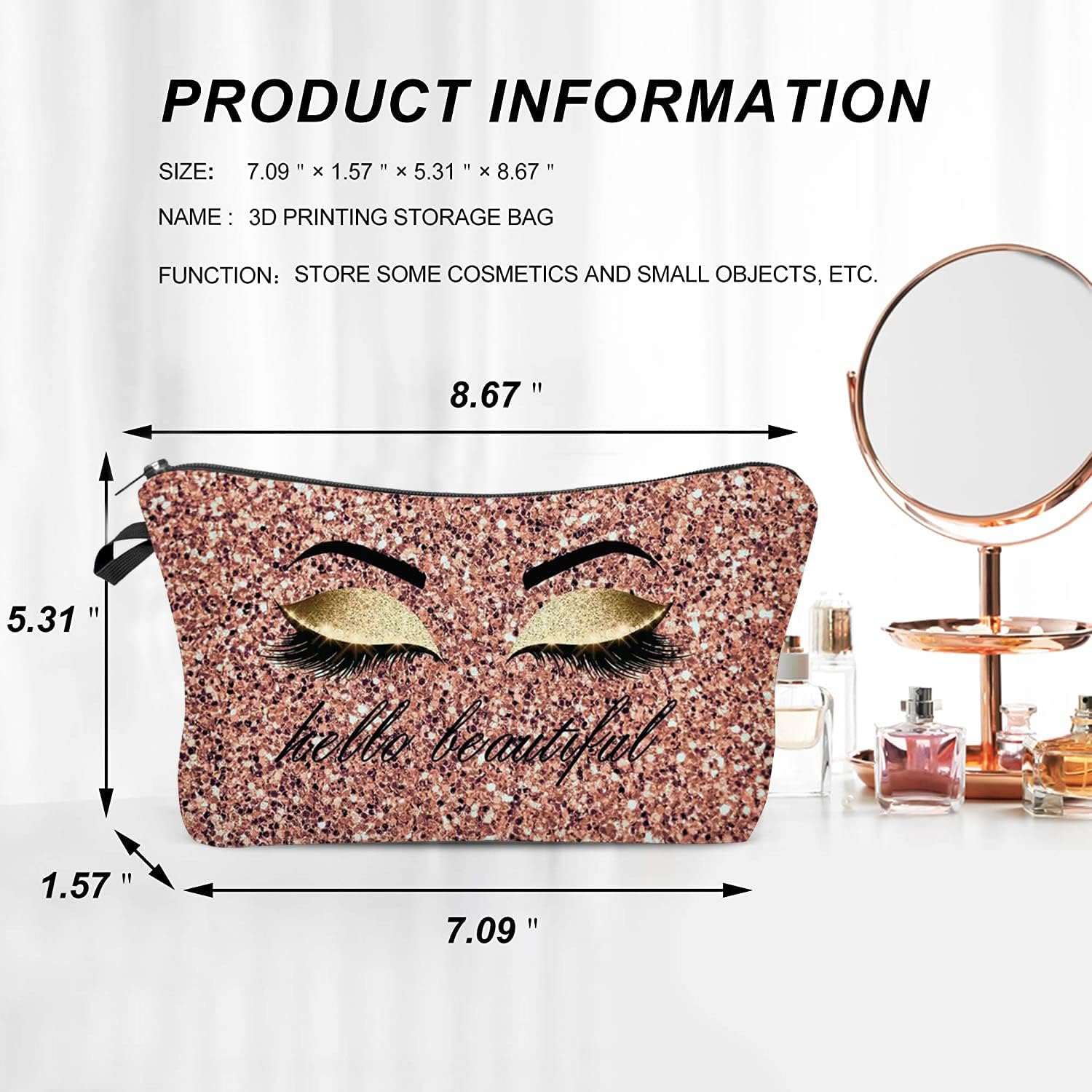 Hello Beautiful Makeup Bag for Purse Eyelash Pink Cosmetic Bags for Women Inspirational Gift Small Funny Cosmetics Glitters Eyeshadows Travel Bag Cases for Toiletries Accessories Organizer - Image 3