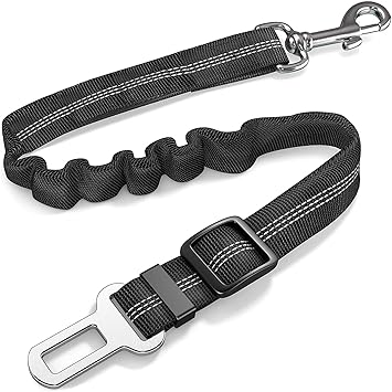 Qpets?90CM Premium Dog Car Seat Belt for Dogs Cats Pets, Adjustable Safety Heavy Duty Elastic Lead Harness for Cars with Elastic Nylon Bungee Buffer Car Seats Belt(Black) (Length:90cm)